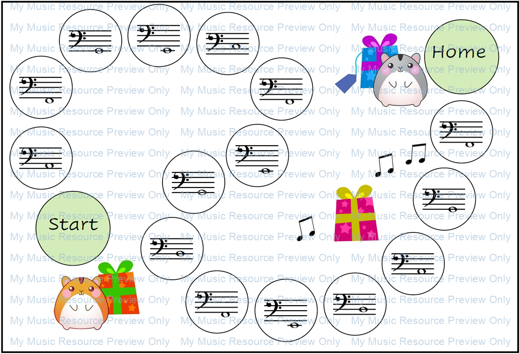 Christmas note reading game treble bass clefs Board 1