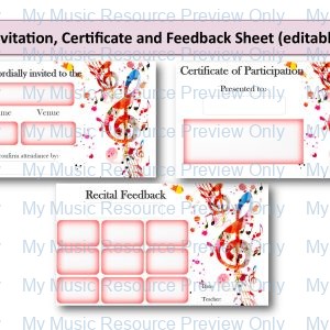 Recital Pack: Invitation, Certificate & Compliment Card (editable)